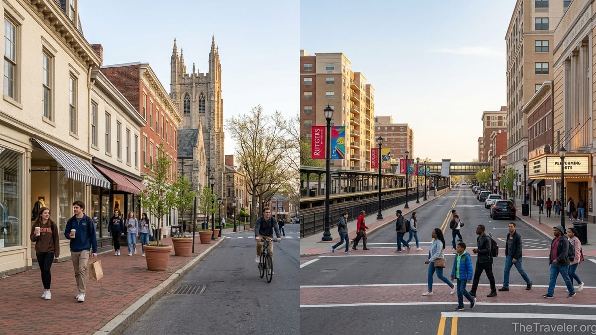 Panoramic street view contrasting Princeton’s boutique-lined Nassau Street with New Brunswick’s urban Rutgers district at day
