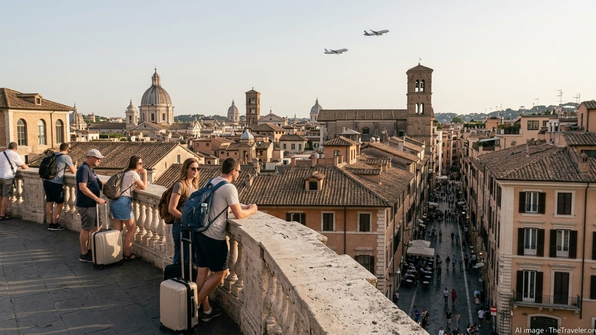 Travelers on a terrace overlook a historic European city as jets climb into the sky.