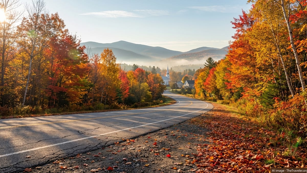 Autumn road winding through colorful New England forest with distant hills at sunrise.