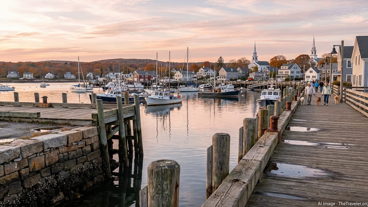 Quiet New England harbor town with seawall, boats, and autumn foliage in soft afternoon light.