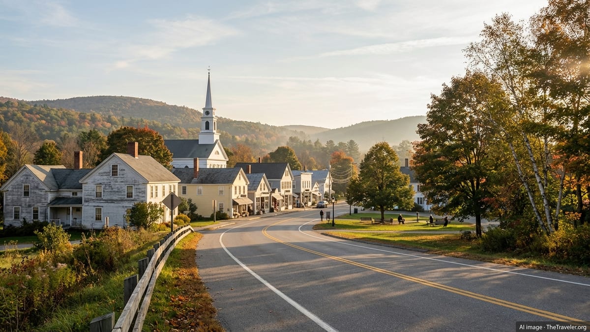Autumn road curving into a small New England town with church steeple and village green at sunset.