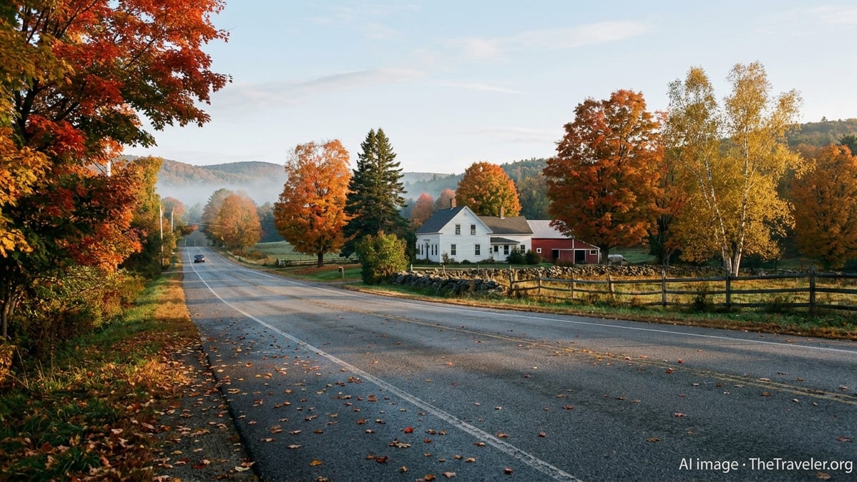 Quiet New England country road lined with peak autumn foliage and a white farmhouse in soft morning light.