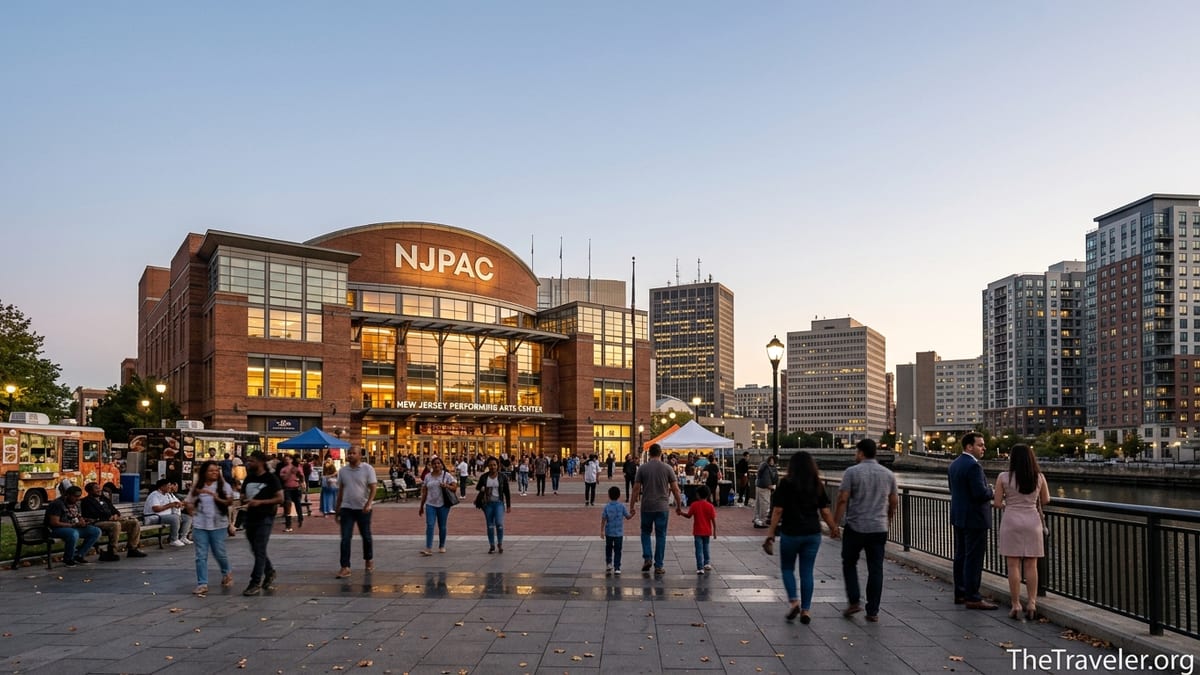 Evening crowd outside the New Jersey Performing Arts Center in downtown Newark.
