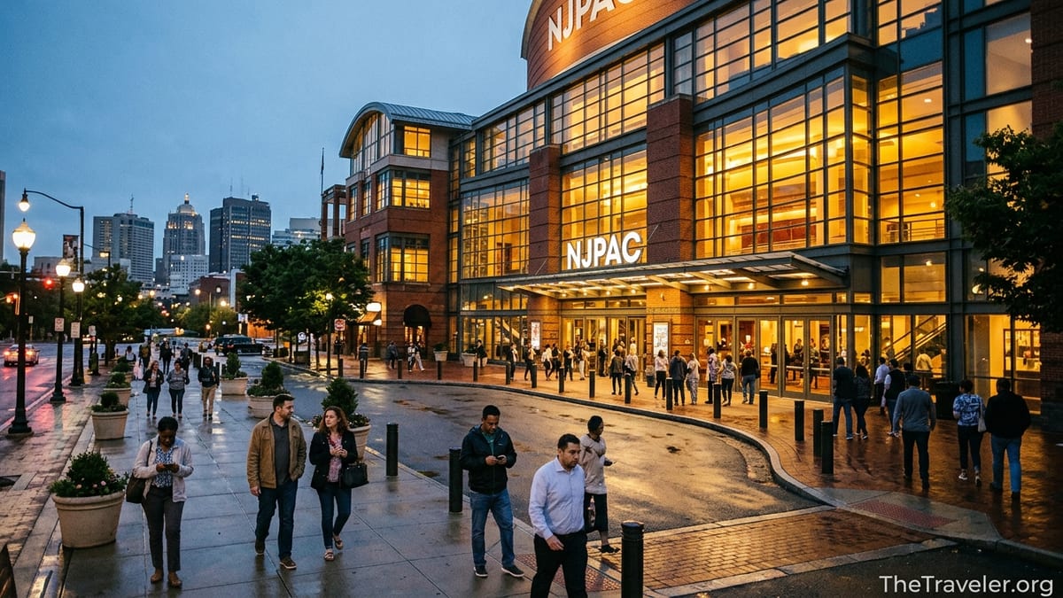 Evening crowd walking toward the illuminated New Jersey Performing Arts Center plaza in Newark.