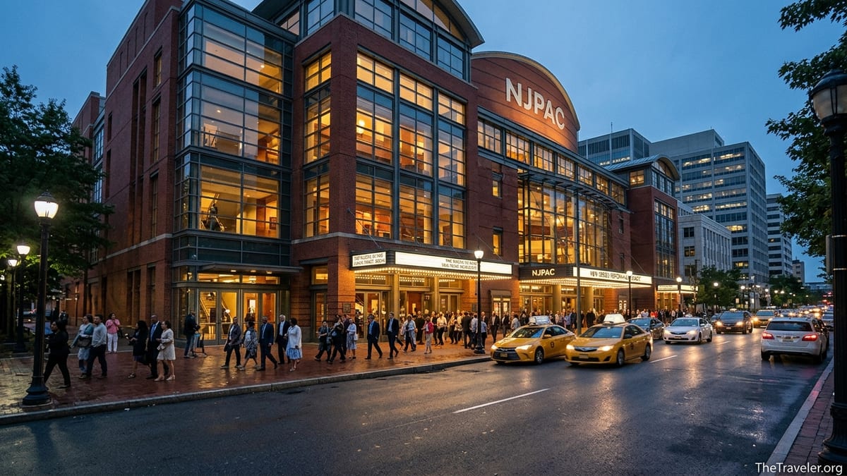 Evening crowds entering the illuminated New Jersey Performing Arts Center in downtown Newark.