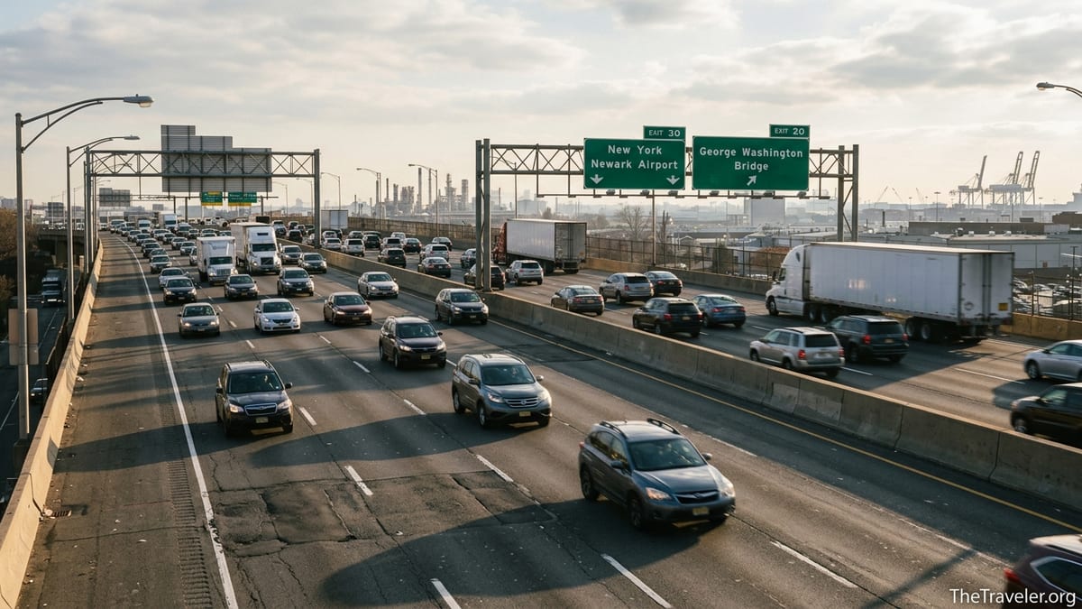 Rush-hour traffic on the New Jersey Turnpike near Newark with dense multi-lane congestion.