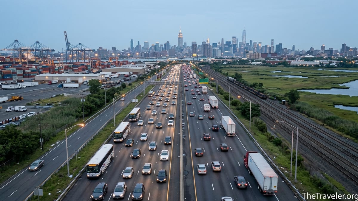 Aerial view of the New Jersey Turnpike near Newark with heavy traffic and distant Manhattan skyline at dusk.