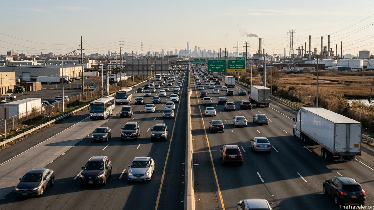 Multiple lanes of traffic on the New Jersey Turnpike near industrial skyline at sunset.
