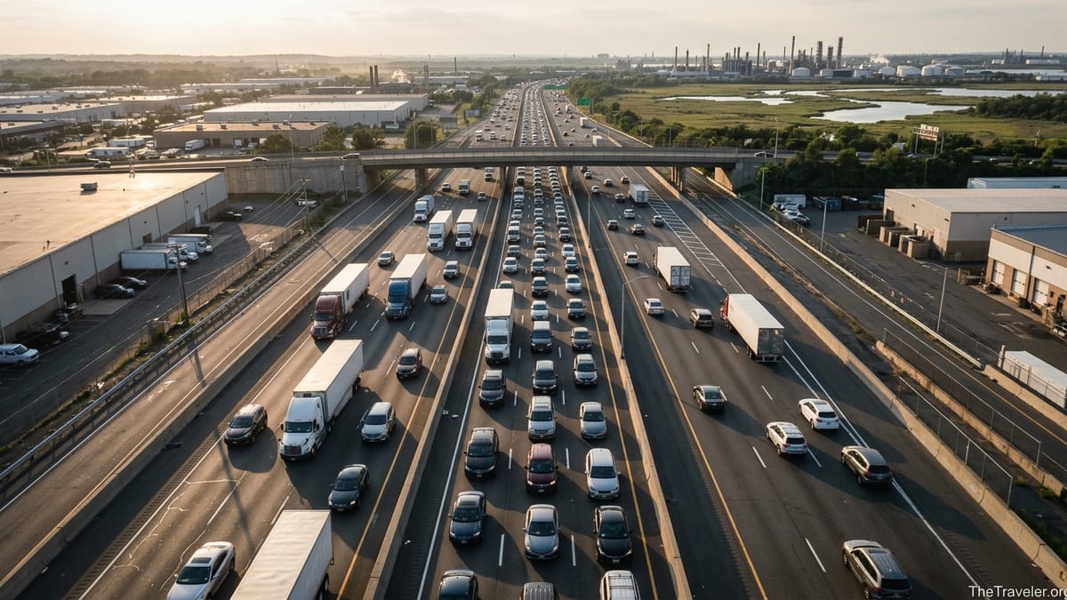 Aerial view of busy New Jersey Turnpike with mixed traffic near industrial area at sunset.