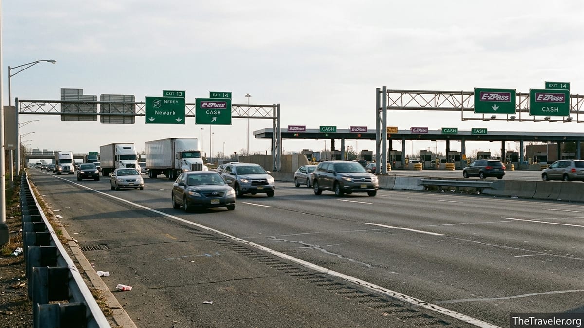 Cars approach a toll plaza on the New Jersey Turnpike under a bright overcast sky.