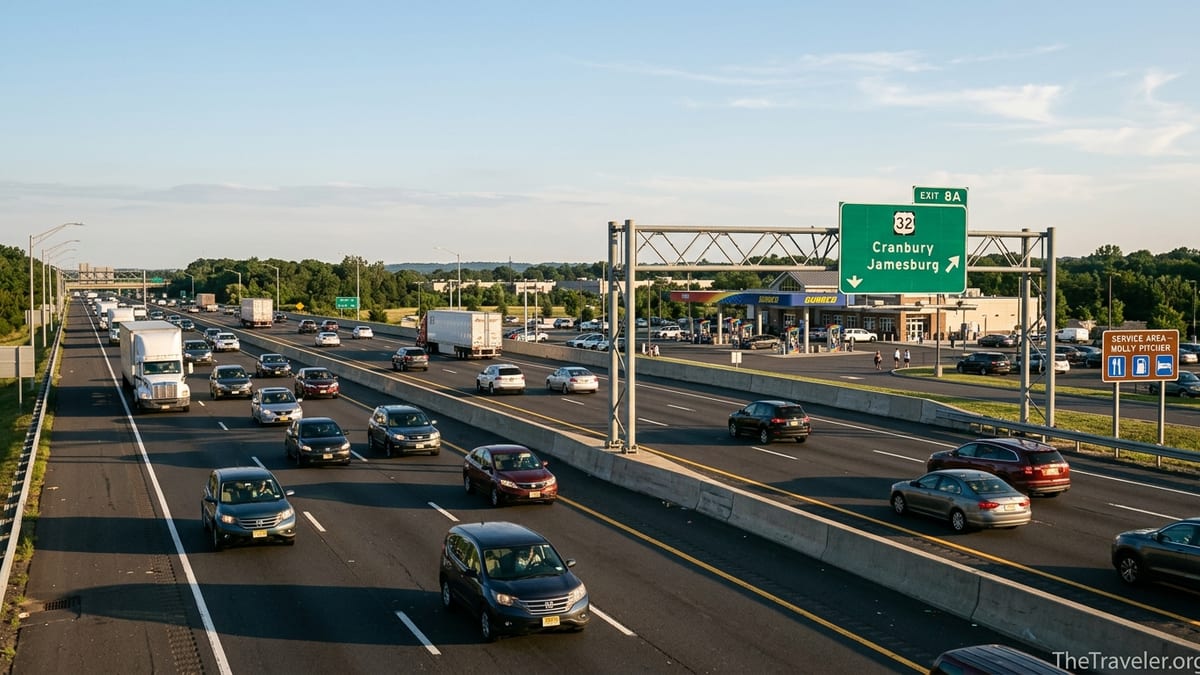 Traffic and a service area along the New Jersey Turnpike on a clear afternoon