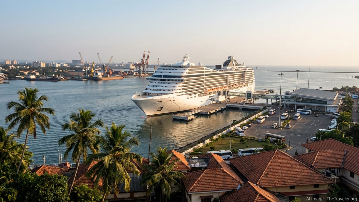 Mid-size cruise ship docked at New Mangalore Port with palm trees and city backdrop at sunset.