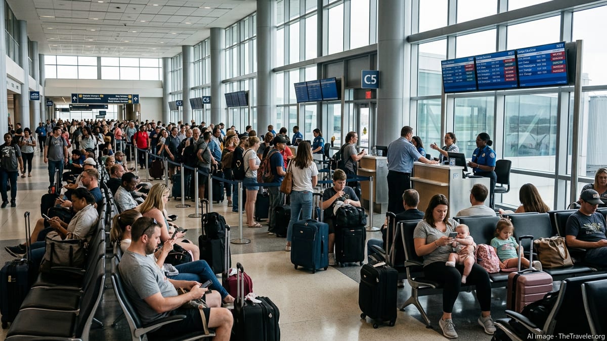 Crowded New Orleans airport terminal with travelers waiting amid delays and cancellations.