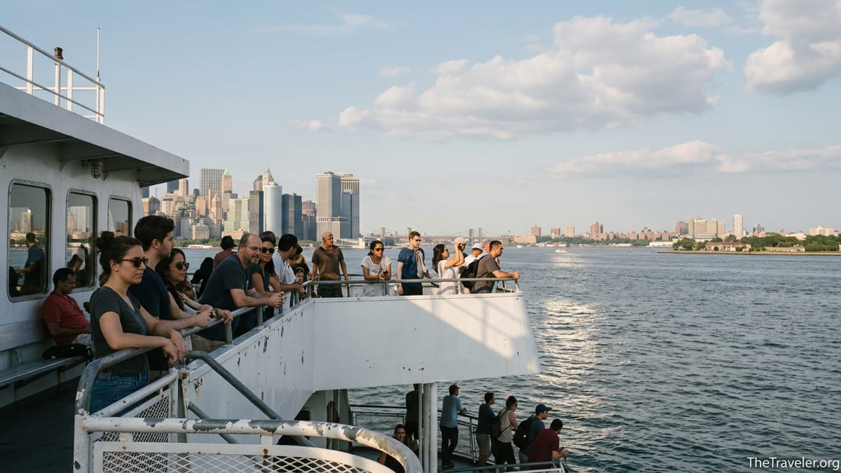 Passengers on the Staten Island Ferry with Manhattan skyline and harbor in view.