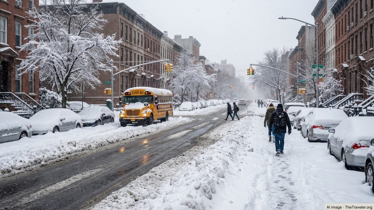 Snow-choked Brooklyn street with buried cars, a school bus and pedestrians during a blizzard travel ban.