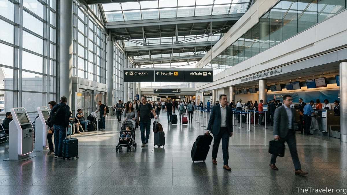 Busy check-in hall at JFK Airport with travelers, signs, and bright natural light.