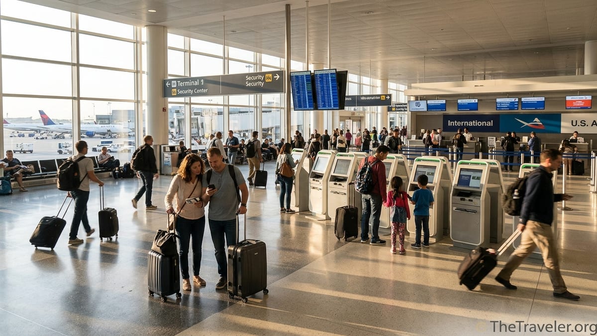 Busy departures hall at New York JFK Airport with travelers, check in kiosks, and planes visible through large windows.