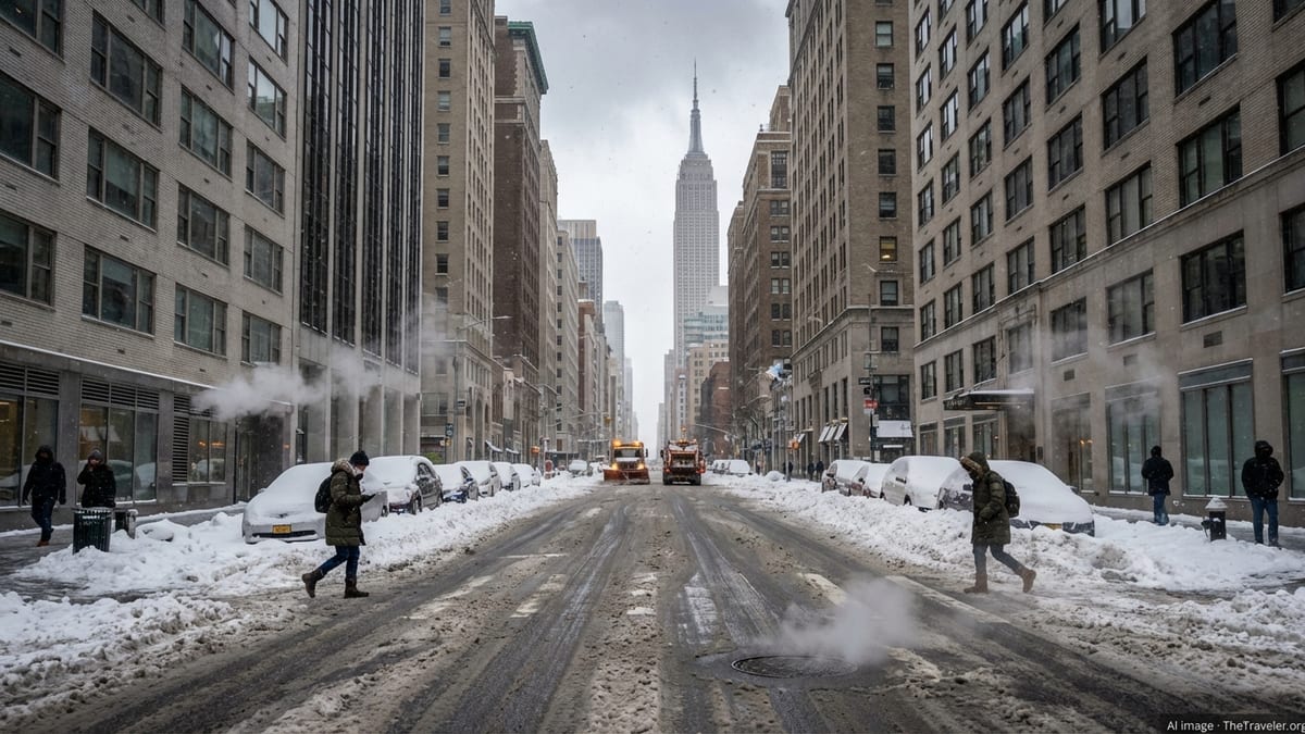Snow-choked Midtown Manhattan avenue with buried cars, pedestrians and a snowplow after a major blizzard.