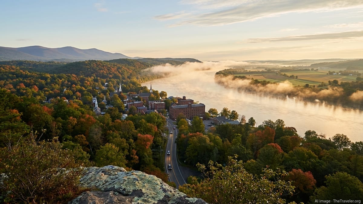 Autumn sunrise over the Hudson River Valley with a small town and distant Catskill Mountains.
