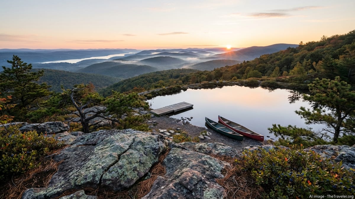 Sunrise over a misty New York mountain lake with rocky overlook and canoes.