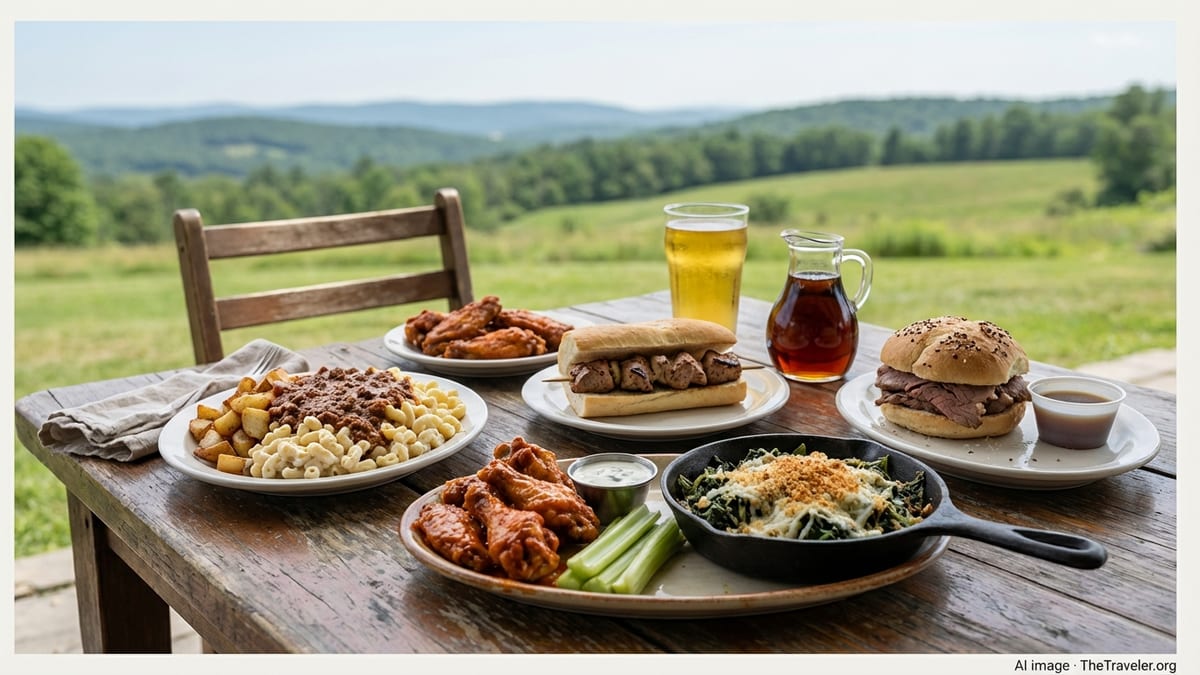 Outdoor table in upstate New York set with Buffalo wings, Rochester plate, spiedie sandwich, Utica greens, and beef on weck.