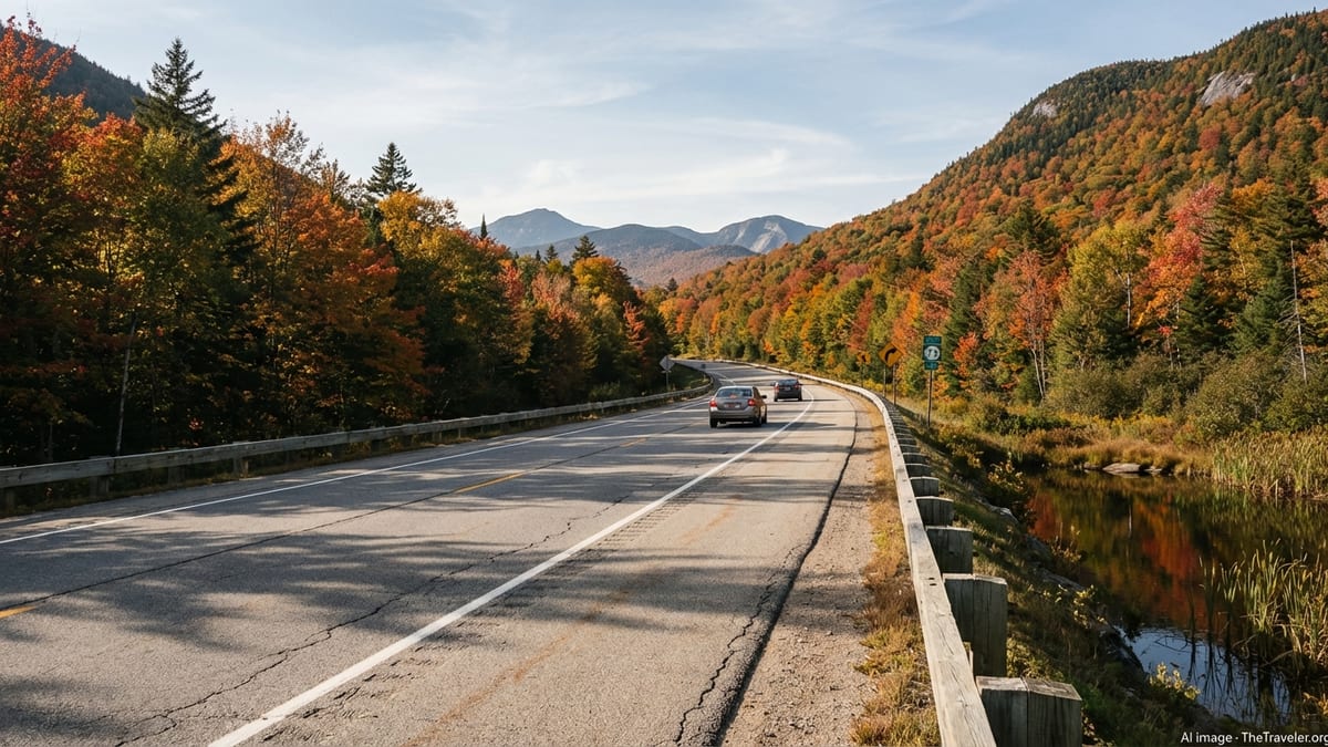 Curving Adirondack mountain highway lined with peak fall foliage under a bright autumn sky.