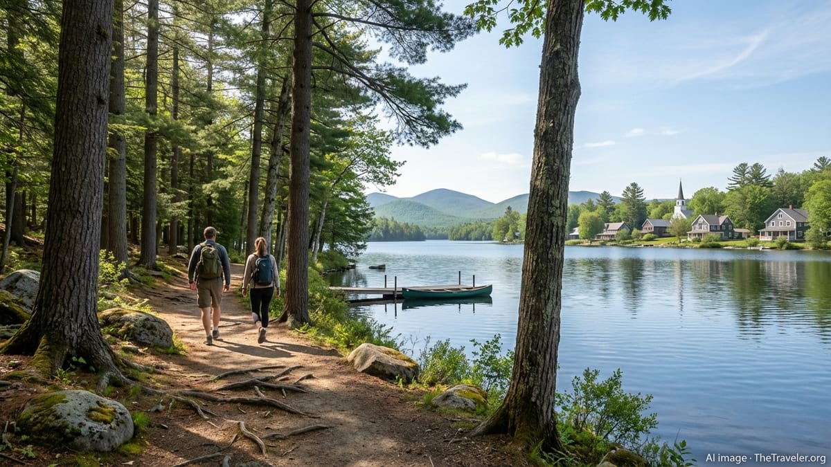 Hikers on a wooded lakeside trail in the Adirondacks with calm water and distant hills.