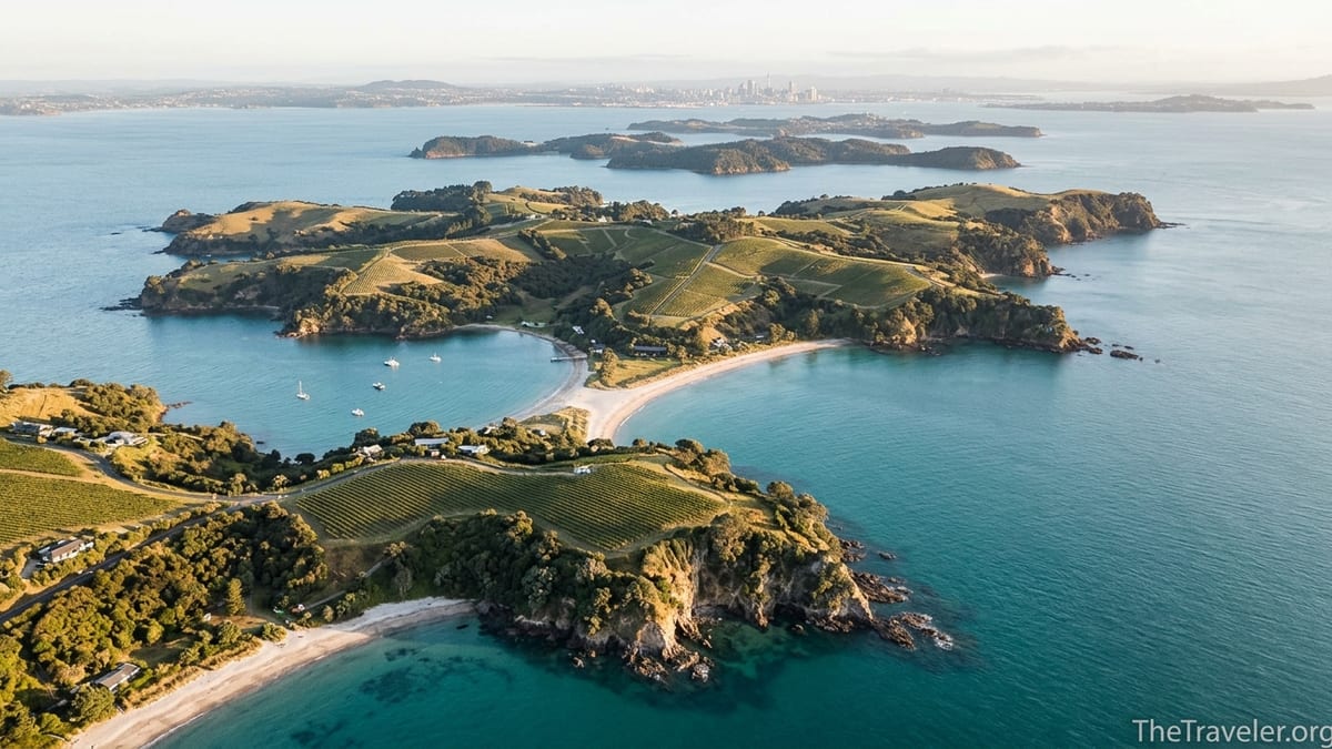 Aerial view of a New Zealand island with vineyards, beaches and forested bays at golden hour.