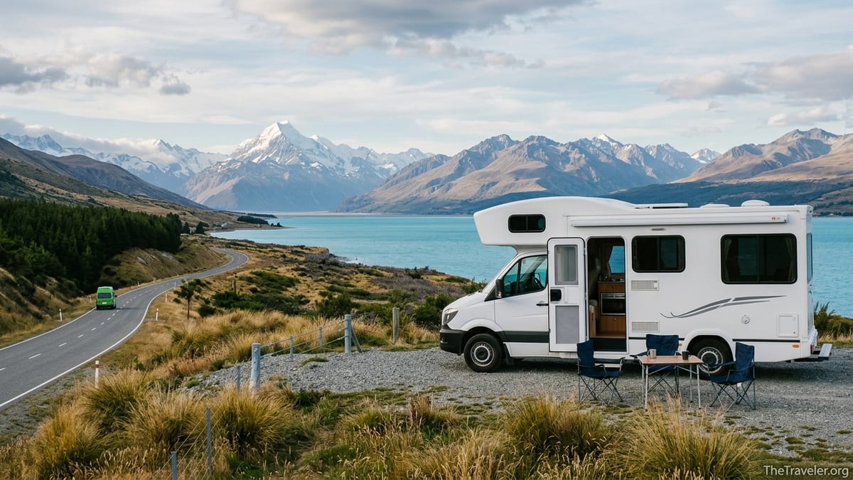 Motorhome parked above a turquoise New Zealand lake with mountains in the distance.