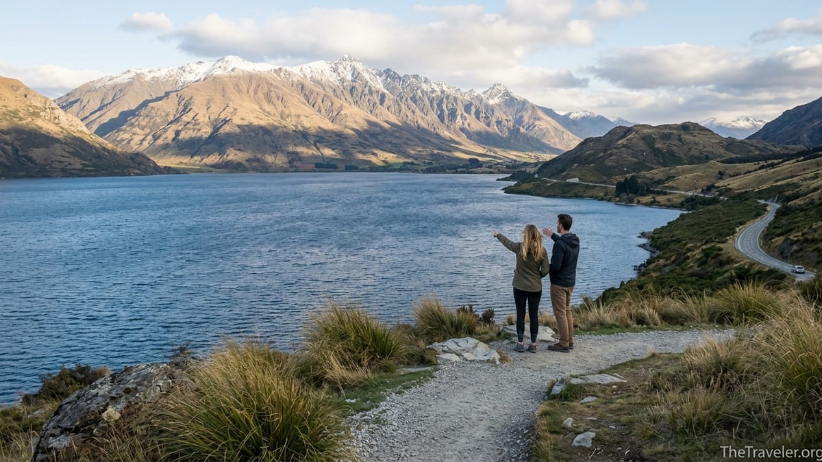 Travellers at a lookout above Lake Wakatipu near Queenstown with mountains in the background.