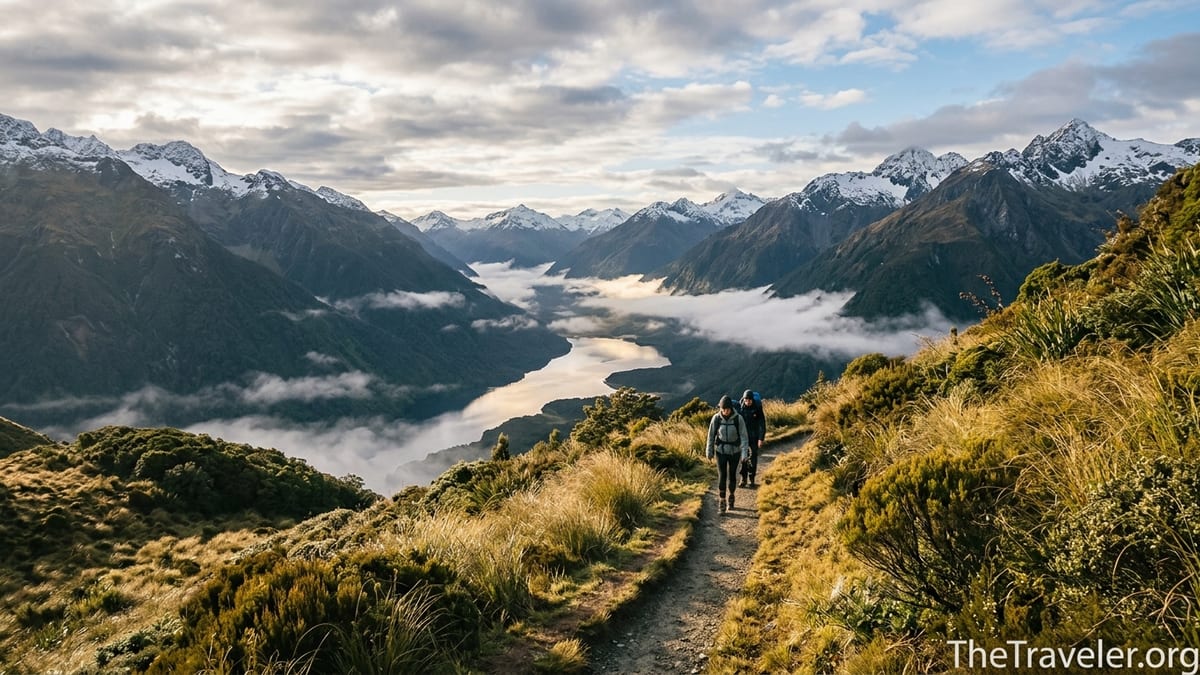 Hikers on an alpine section of a New Zealand Great Walk above a misty valley at sunrise.