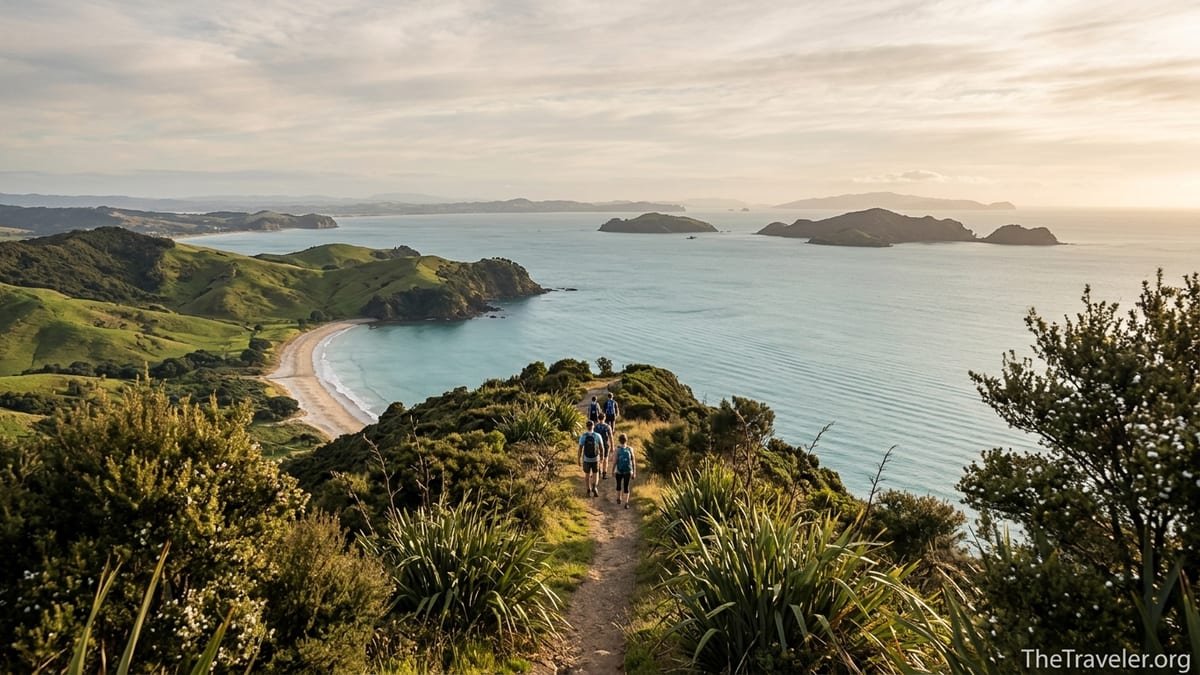 Clifftop walking track overlooking a New Zealand island bay with turquoise water and distant islets at sunset.