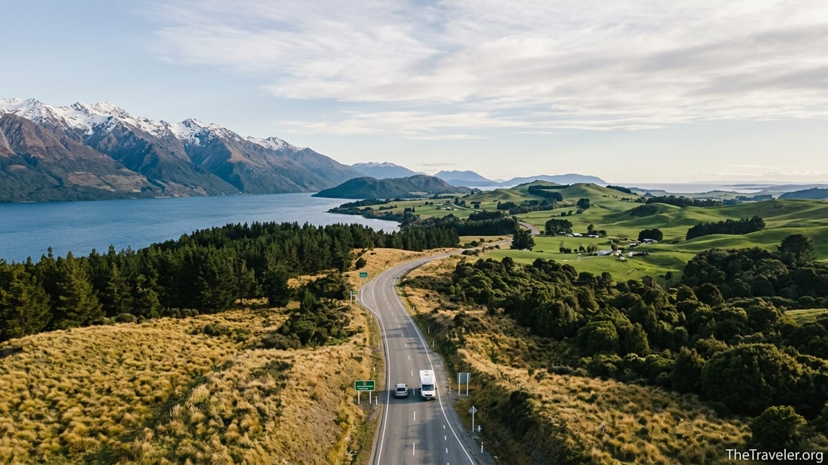 Aerial view of New Zealand highway with campervan, mountains and lake in late-afternoon light.