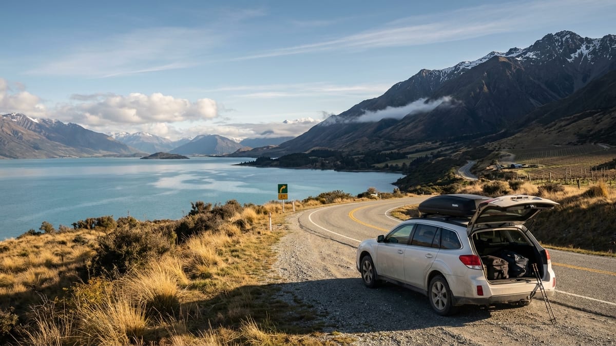 New Zealand road trip photo with an SUV near Lake Wakatipu and Southern Alps backdrop. 