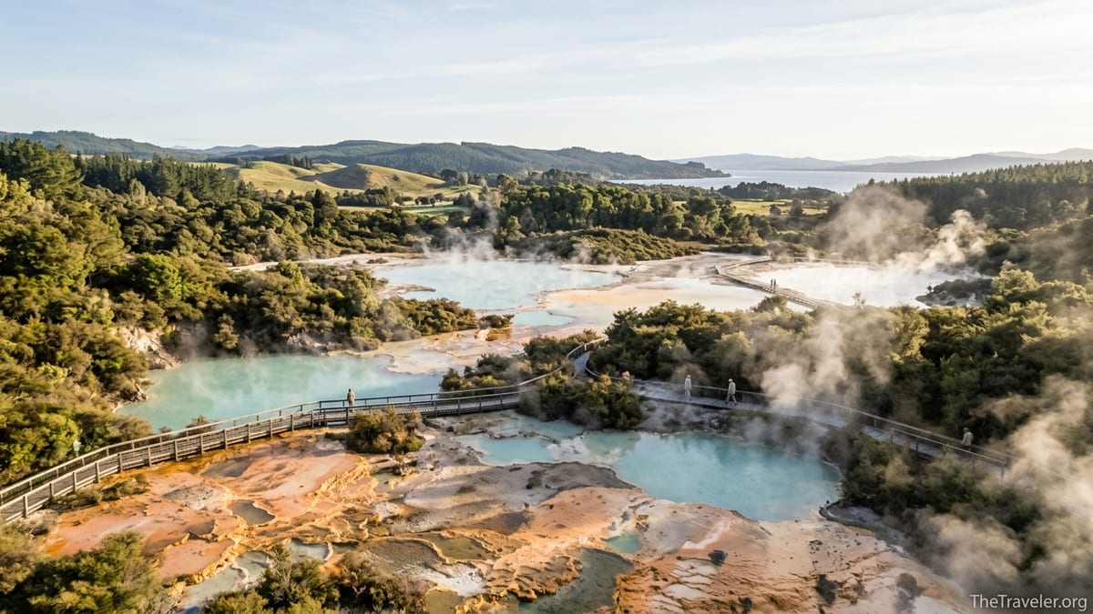 Geothermal terraces and colourful hot pools steaming in a lush North Island valley at sunrise.