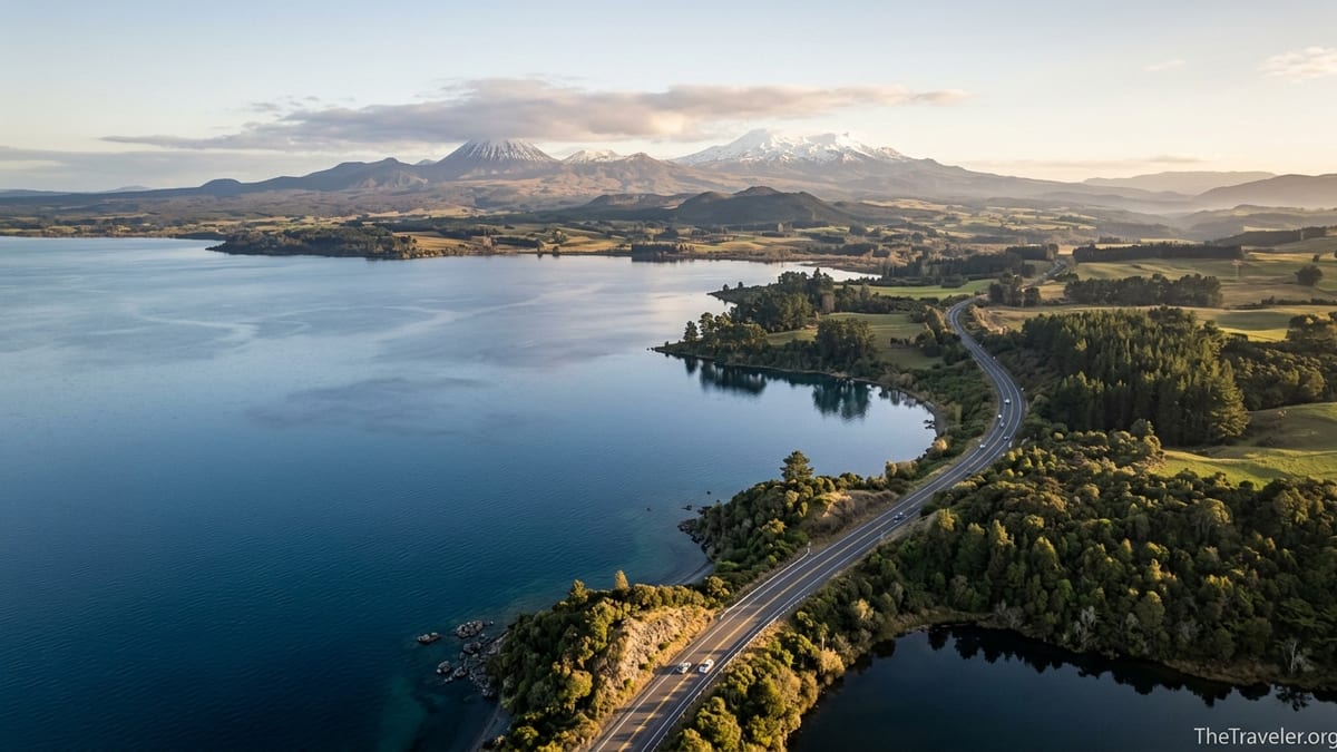 Aerial view of Lake Taupō and Tongariro volcanoes with a highway curving along the shore at sunset.