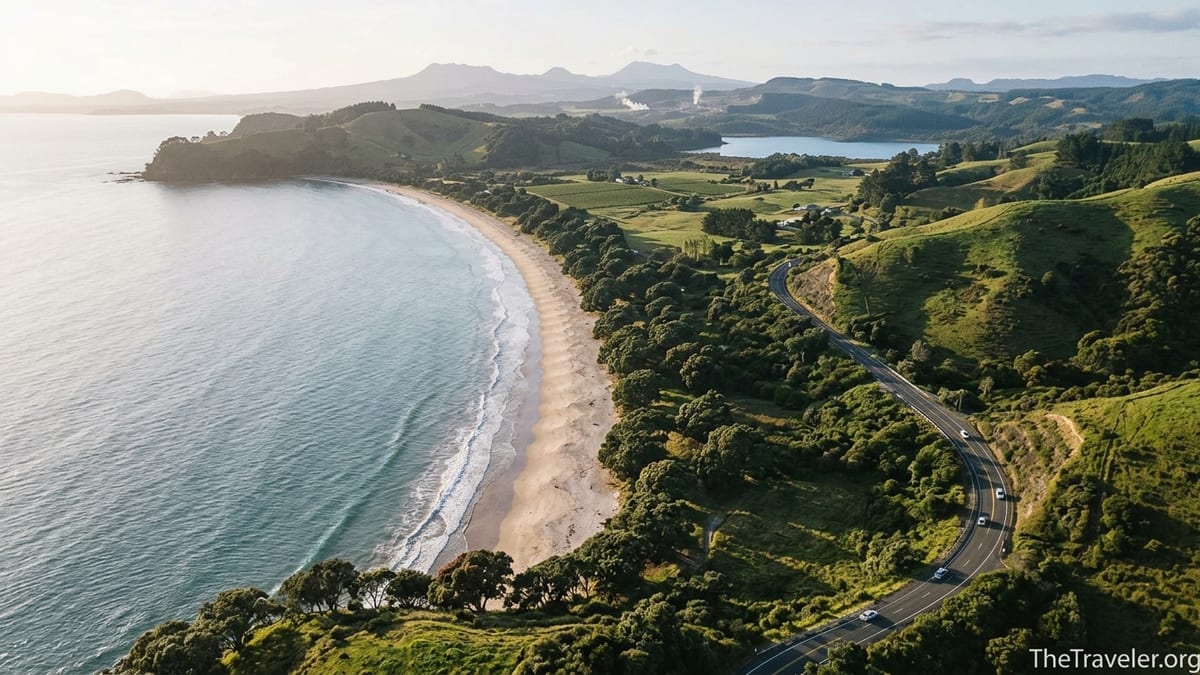 Aerial view of a winding coastal road, sandy beach and green hills on New Zealand’s North Island.