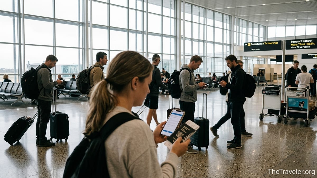 Travellers using phones and passports in the departures hall at Auckland Airport.