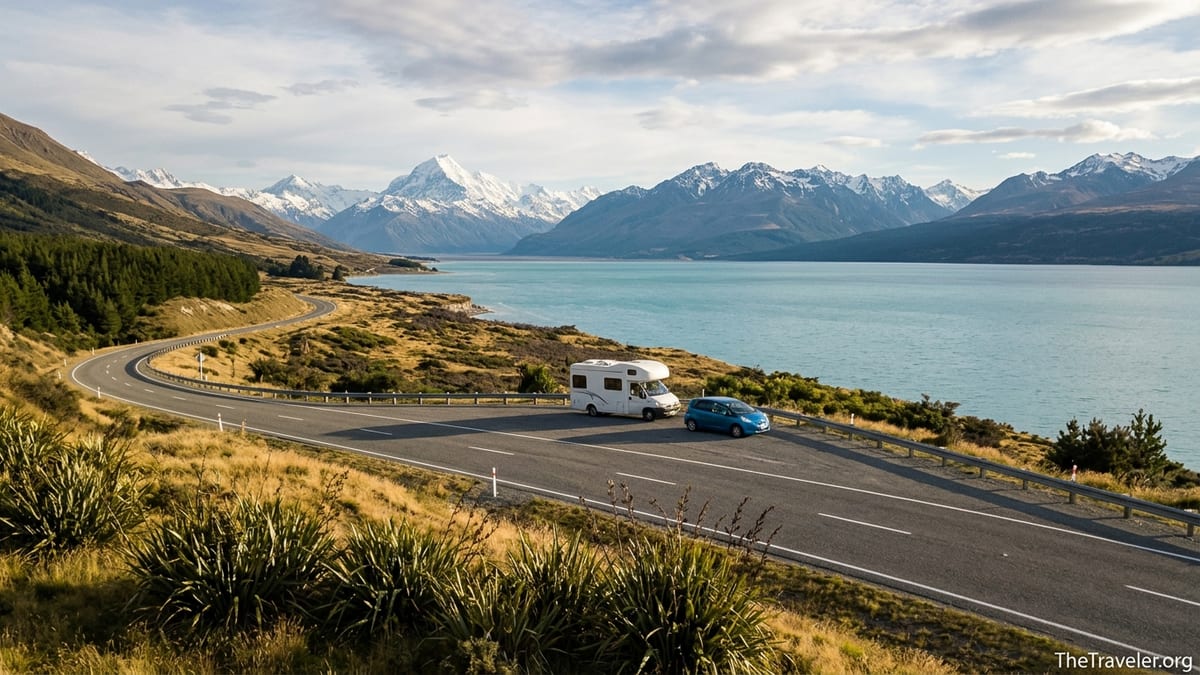 Campervan and car parked beside a New Zealand alpine lake with snow-capped mountains.