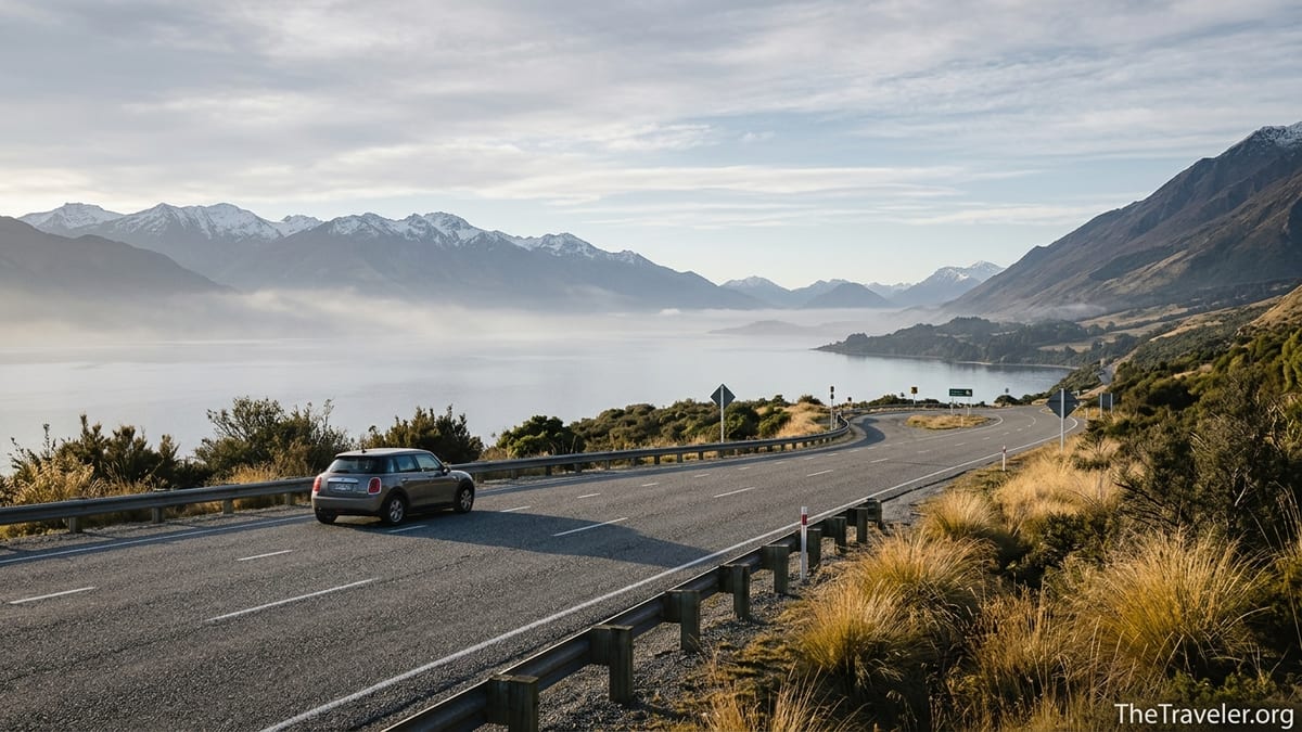 Rental car driving along a winding alpine road beside Lake Wakatipu in New Zealand at sunrise.