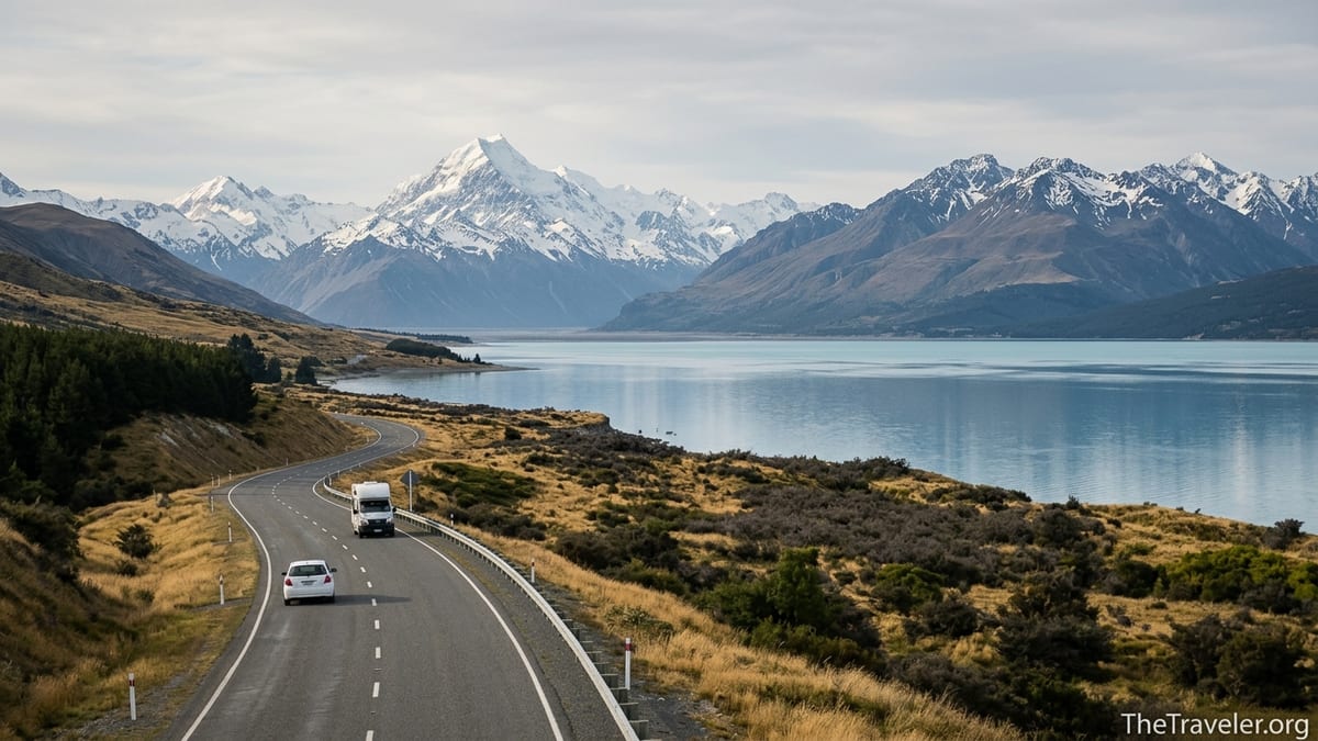 A winding highway follows a turquoise South Island lake beneath snow-capped New Zealand Alps.