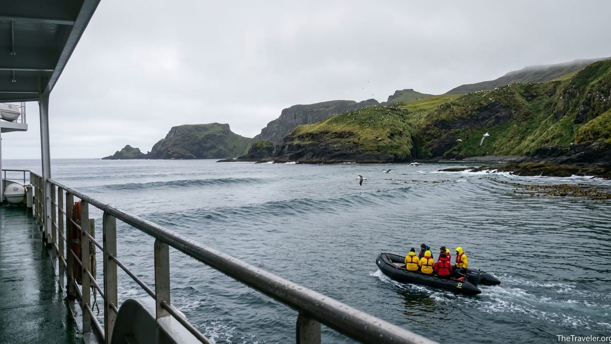 Expedition ship and Zodiac approach New Zealand’s Subantarctic Islands under overcast skies with albatrosses soaring overhead