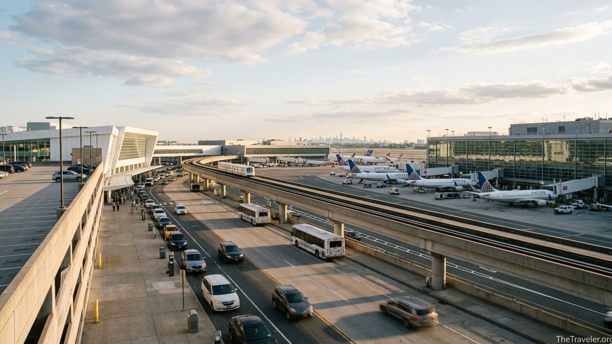 Exterior of Newark Liberty International Airport terminals with AirTrain guideway and shuttle buses at sunset.