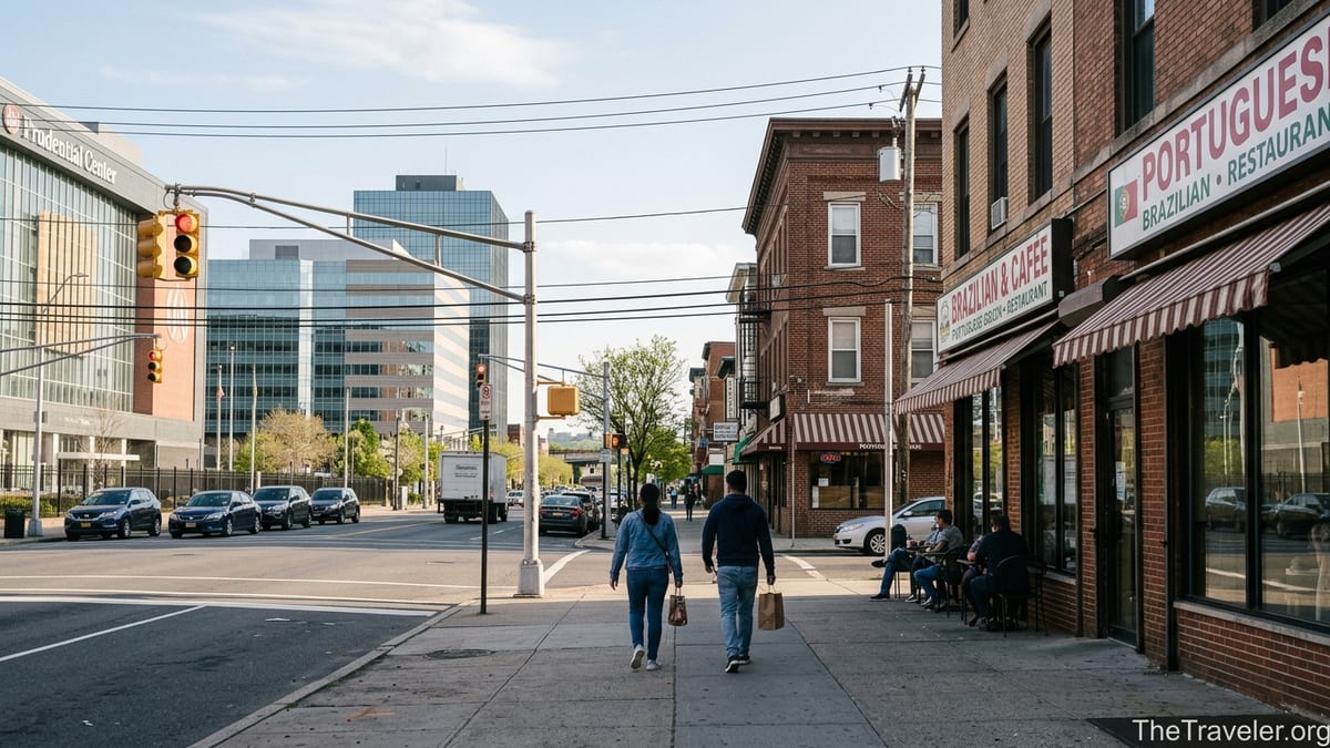 Street scene in Newark showing Ironbound restaurants and the downtown skyline in soft afternoon light.