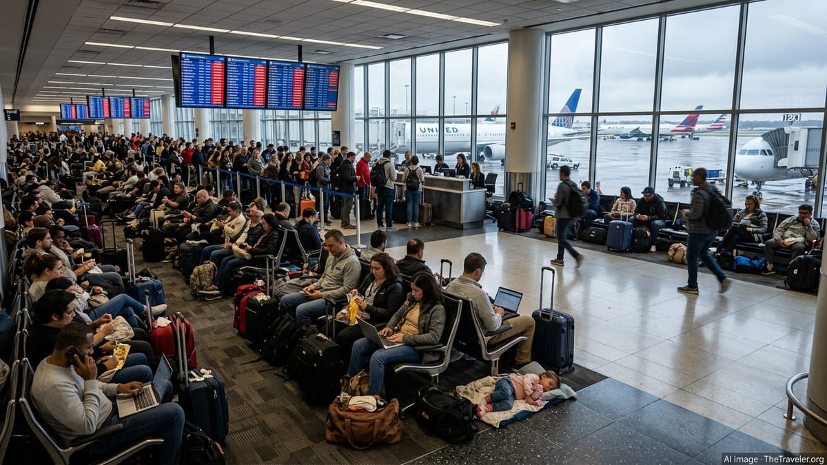Crowded gate area at Newark Liberty Airport with stranded passengers and delayed flights on screens.