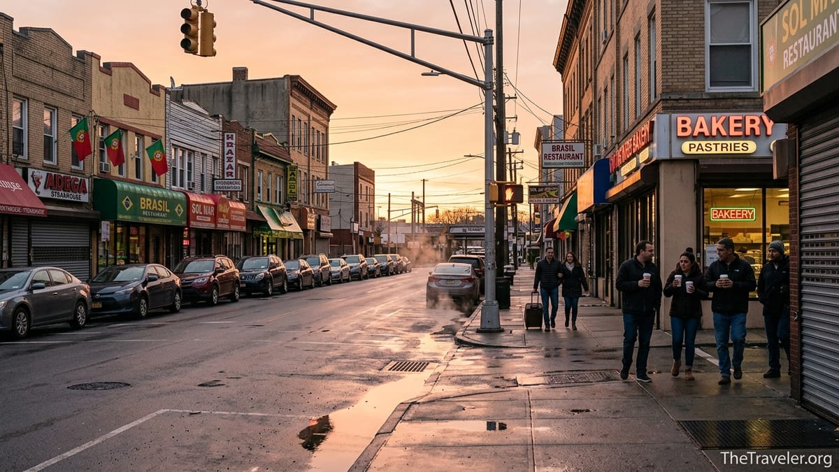 Morning street in Newark’s Ironbound with Portuguese restaurants and commuters heading toward Newark Penn Station.