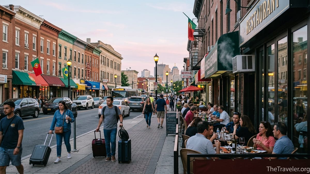 Evening street in Newark’s Ironbound with diners on Ferry Street and downtown skyline in the distance.