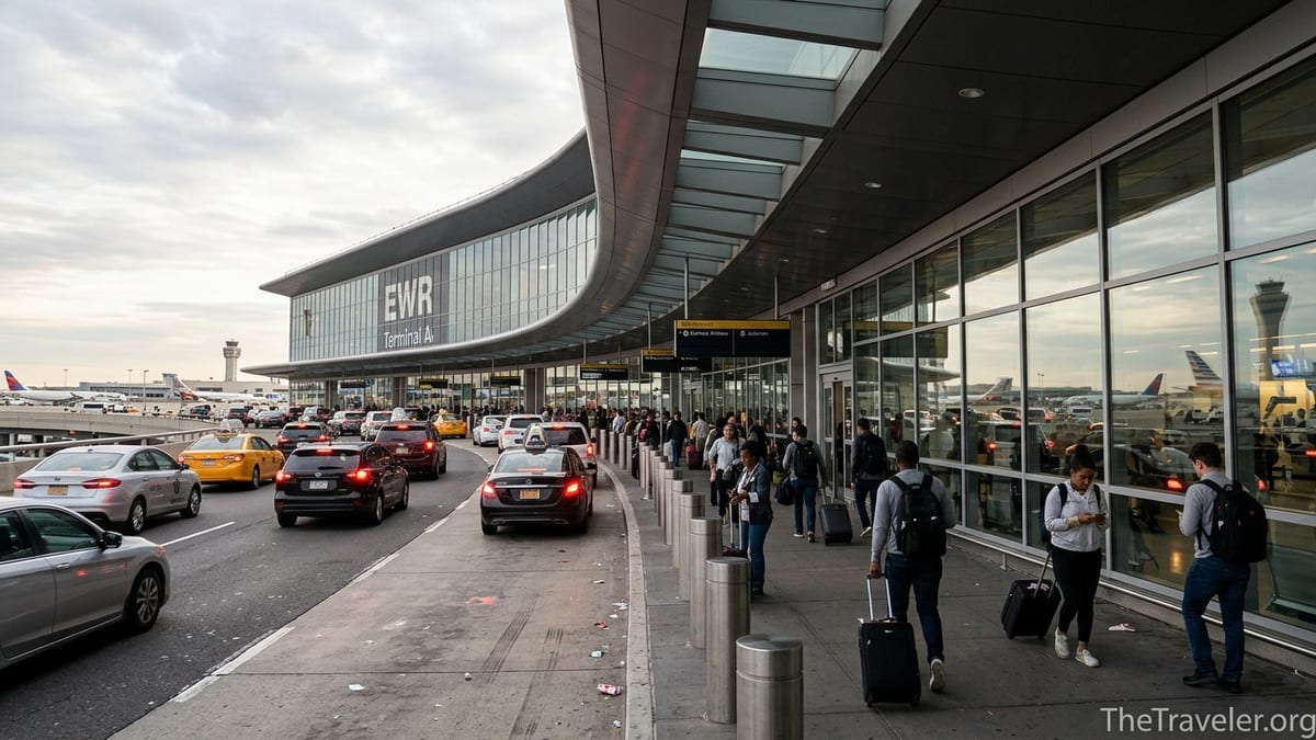 Busy curbside departures level at Newark Liberty Terminal A with cars and travelers.