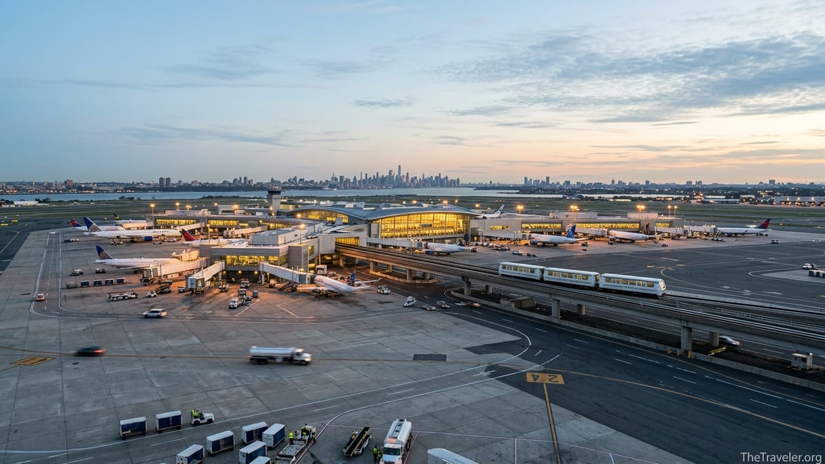 Panoramic view of Newark Liberty International Airport Terminal A with AirTrain and distant Manhattan skyline at dusk.