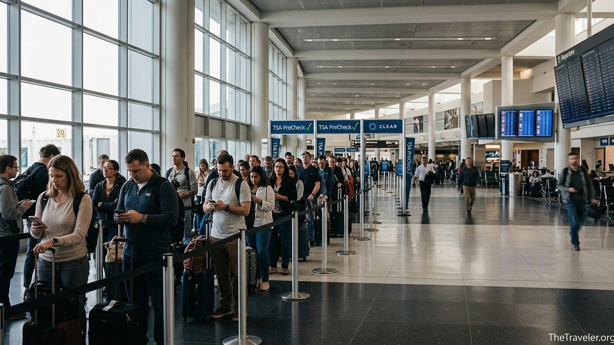 Busy TSA security line at Newark Liberty Airport Terminal C with travelers checking the time.